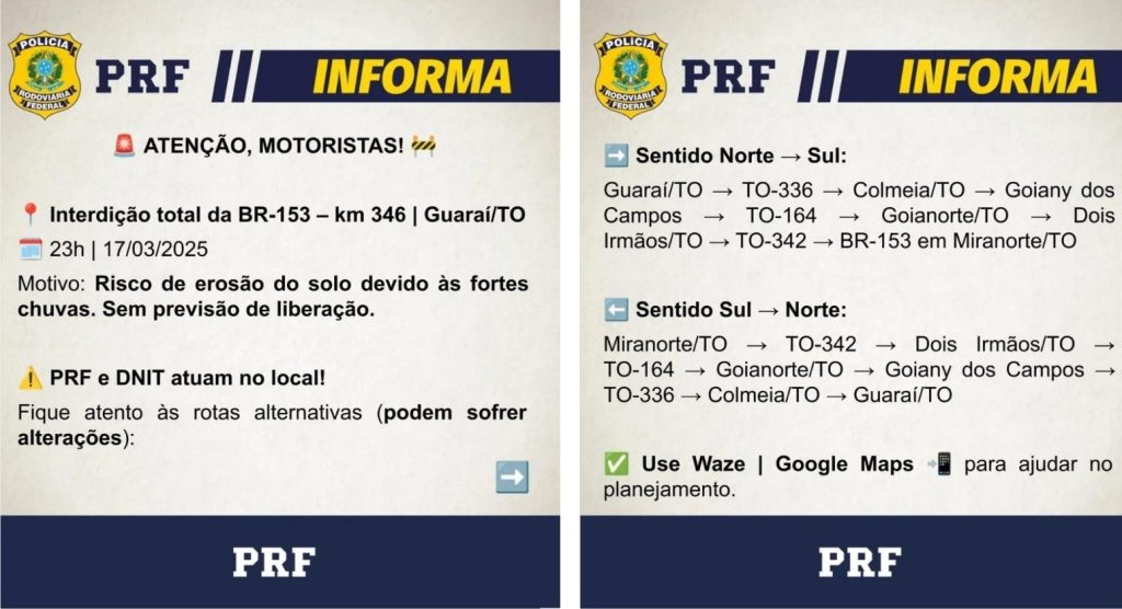 Trecho da BR-153 interditado por risco de rompimento de barragem tem meia pista liberada e trânsito em sistema de ‘pare e siga’